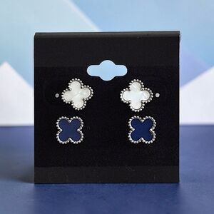 Pearly-White & Blue Stainless Steel Clover Earrings - 2 Pairs